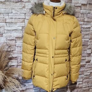 Lauren Ralph Lauren Women's Mustard Puffer Jacket with Faux Fur Hood